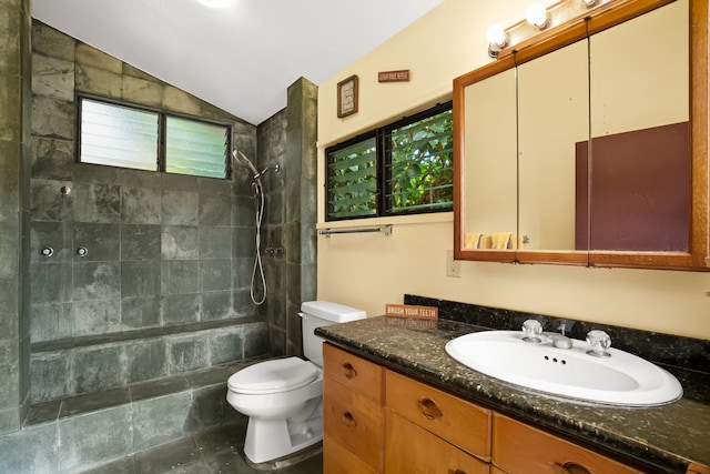 bathroom with lofted ceiling, vanity, and toilet