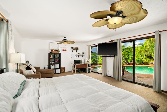 carpeted bedroom with ceiling fan and access to exterior