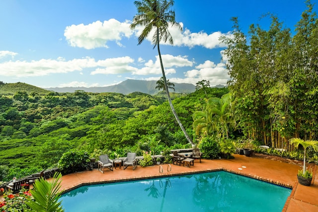 view of swimming pool with a mountain view and a patio