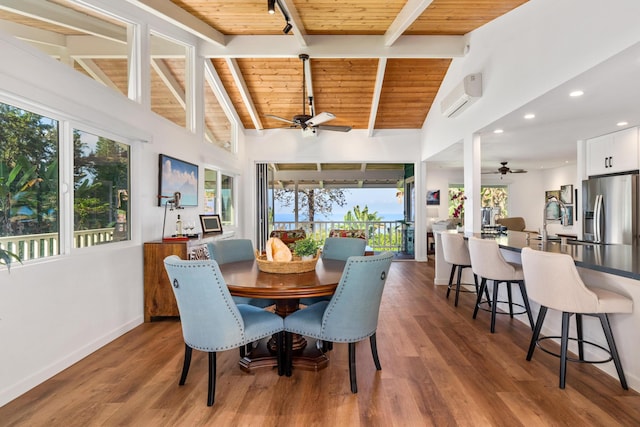 dining room featuring wood-type flooring, vaulted ceiling with beams, a wall mounted air conditioner, and wooden ceiling