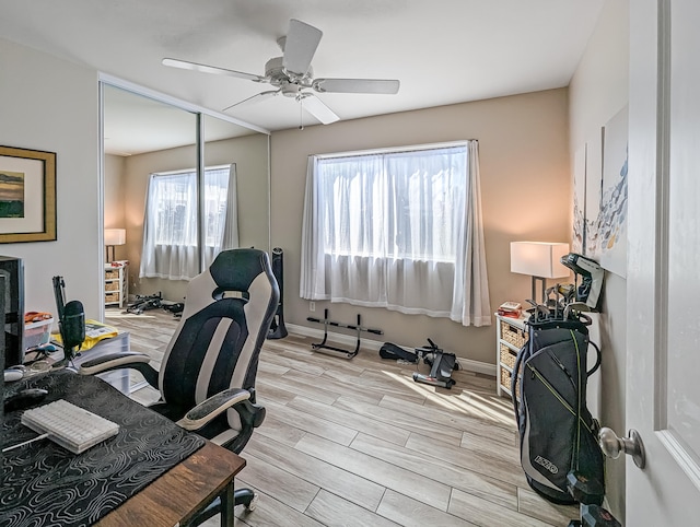 office space featuring ceiling fan and light hardwood / wood-style flooring