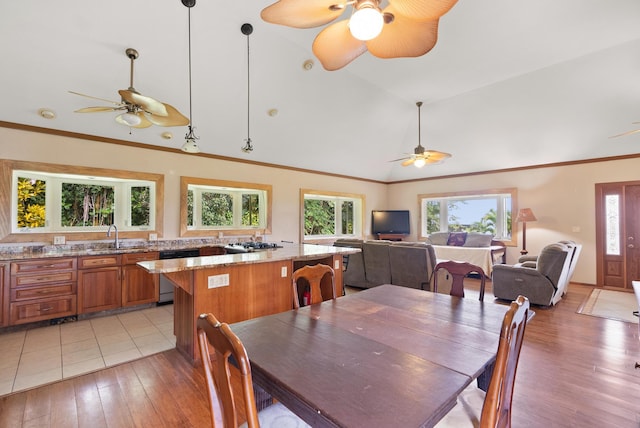 dining room featuring crown molding, lofted ceiling, light hardwood / wood-style floors, and sink