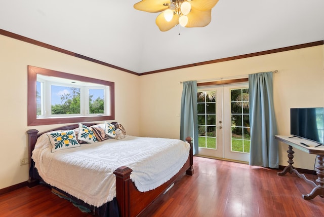 bedroom featuring ceiling fan, access to exterior, french doors, and dark wood-type flooring