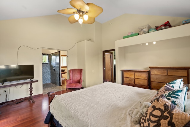 bedroom featuring ceiling fan, lofted ceiling, and dark hardwood / wood-style floors