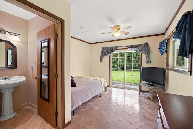 bedroom featuring ceiling fan, access to exterior, and ornamental molding