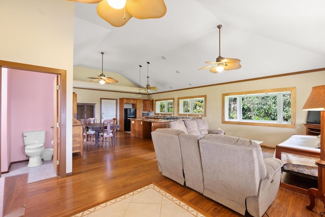 living room with wood-type flooring and vaulted ceiling