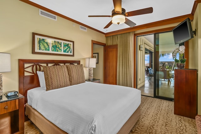 bedroom featuring ceiling fan, access to outside, visible vents, and crown molding