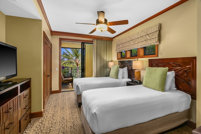 bedroom featuring baseboards, a ceiling fan, carpet, access to outside, and crown molding