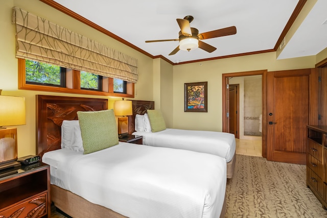 carpeted bedroom featuring ceiling fan, connected bathroom, and crown molding