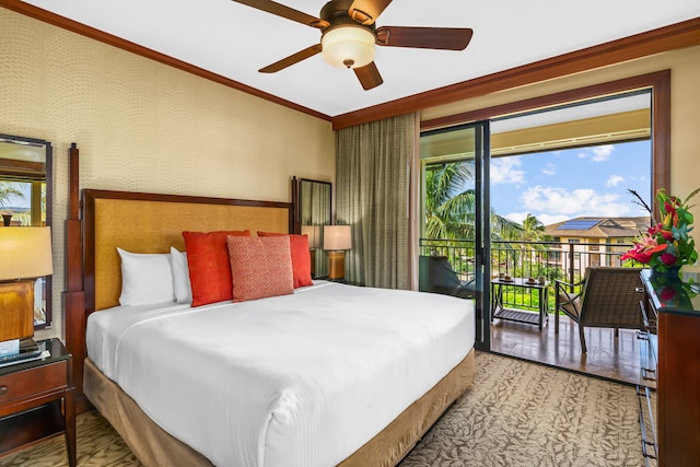 bedroom with ceiling fan, access to outside, crown molding, and wallpapered walls