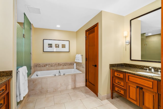 bathroom featuring visible vents, a shower with shower door, vanity, tile patterned flooring, and a bath