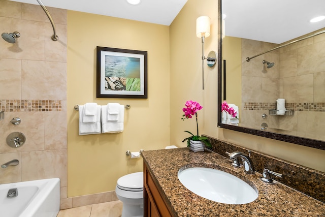 bathroom featuring recessed lighting, shower / bathing tub combination, toilet, vanity, and tile patterned flooring