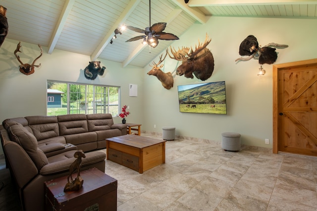 living room with ceiling fan, beam ceiling, high vaulted ceiling, and wooden ceiling