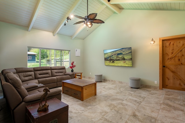 living room with beamed ceiling, wood ceiling, and high vaulted ceiling