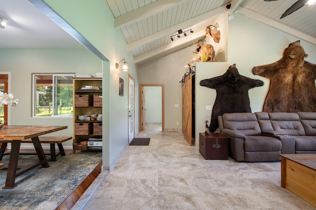 interior space featuring wooden ceiling and vaulted ceiling with beams