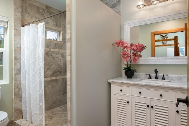 bathroom with vanity, toilet, and walk in shower