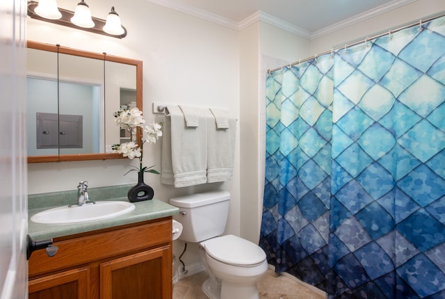 bathroom featuring vanity, a shower with curtain, ornamental molding, and toilet