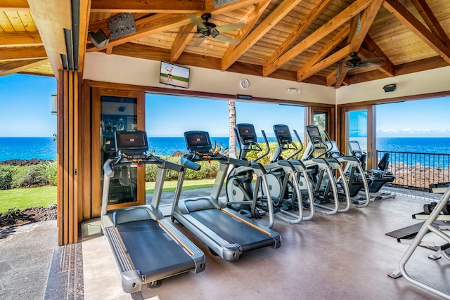 workout area with ceiling fan, vaulted ceiling, and wooden ceiling