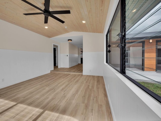 interior space with lofted ceiling, light wood-type flooring, ceiling fan, and wood ceiling