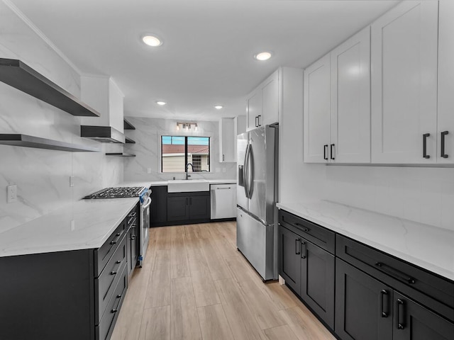 kitchen with sink, white cabinets, light stone counters, backsplash, and appliances with stainless steel finishes