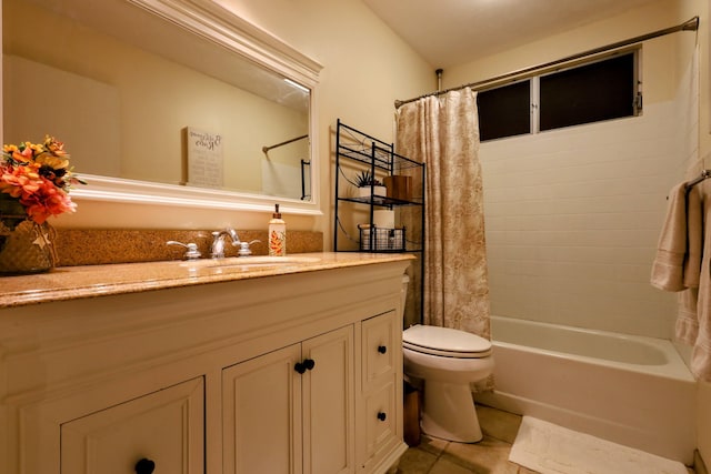 full bathroom featuring tile patterned flooring, vanity, toilet, and shower / tub combo with curtain