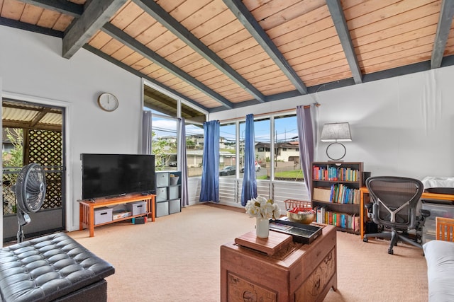 carpeted living room featuring wooden ceiling, high vaulted ceiling, and beamed ceiling