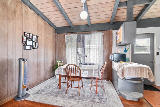 dining area with wood walls, lofted ceiling with beams, and wood ceiling