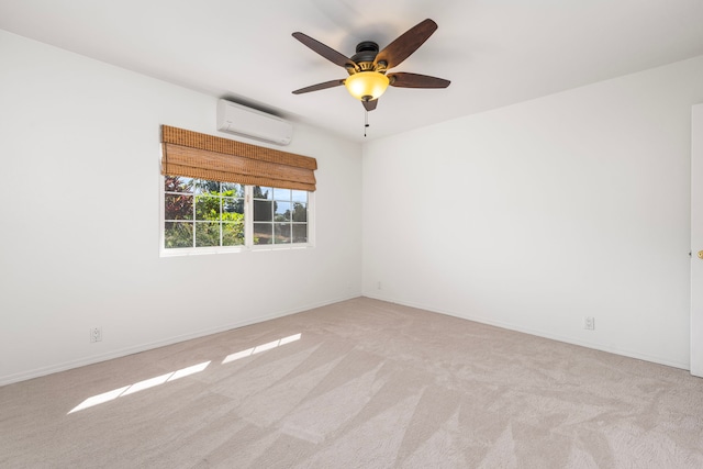 carpeted spare room with an AC wall unit and ceiling fan