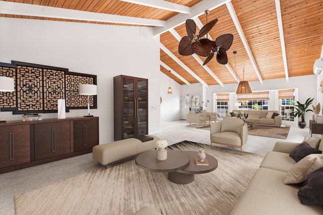 carpeted living room featuring beam ceiling, wood ceiling, high vaulted ceiling, and ceiling fan