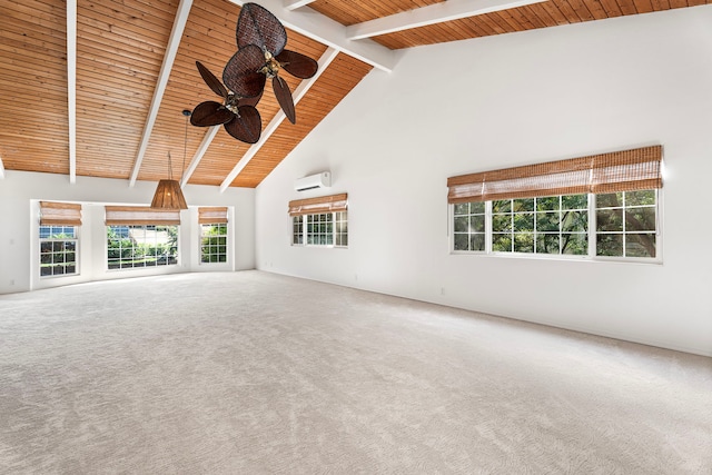 unfurnished living room with beamed ceiling, carpet flooring, high vaulted ceiling, and an AC wall unit