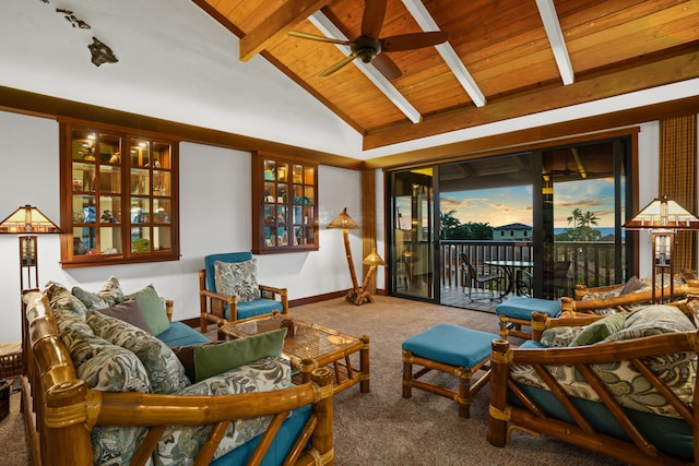 living room featuring carpet floors, ceiling fan, wood ceiling, and beamed ceiling