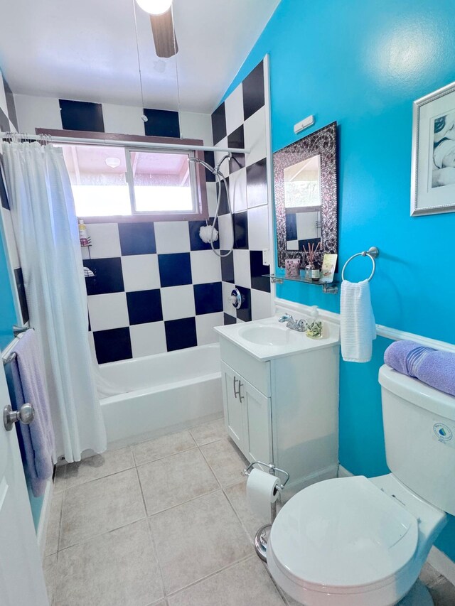 full bathroom featuring toilet, vanity, shower / bathtub combination with curtain, and tile patterned flooring