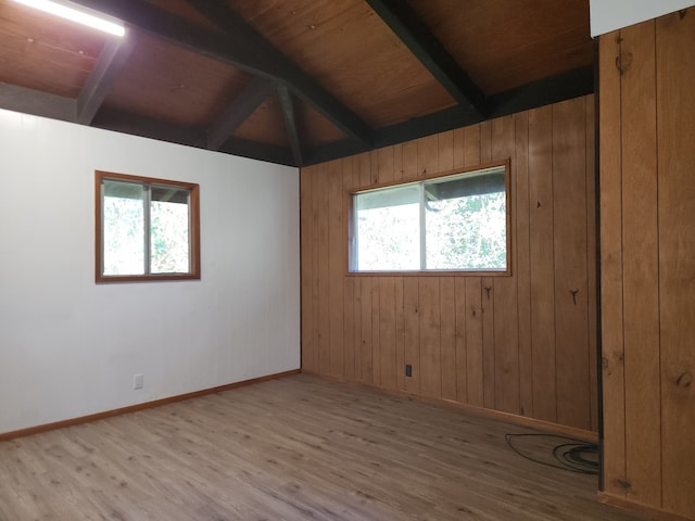 unfurnished room featuring lofted ceiling with beams, wooden ceiling, baseboards, and wood finished floors