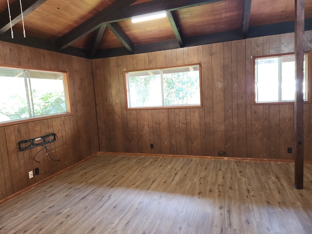 unfurnished room featuring a wealth of natural light, wooden ceiling, and hardwood / wood-style flooring