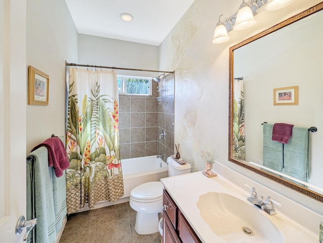 full bathroom featuring shower / bath combination with curtain, vanity, toilet, and tile patterned flooring