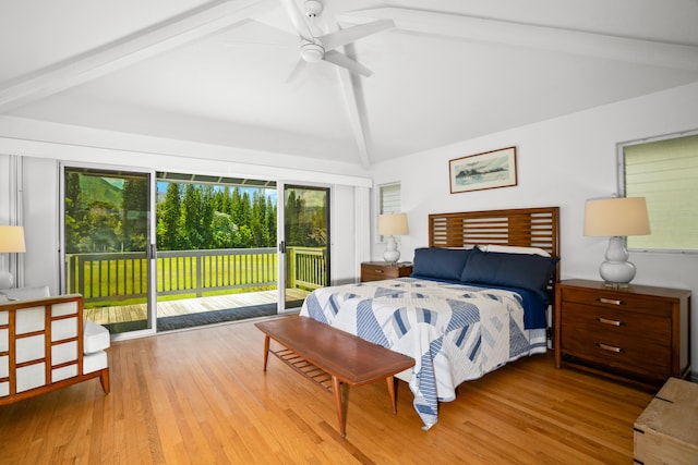 bedroom with lofted ceiling with beams, access to exterior, light wood-type flooring, and ceiling fan