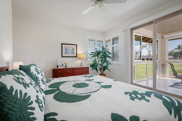 bedroom featuring ceiling fan and access to outside