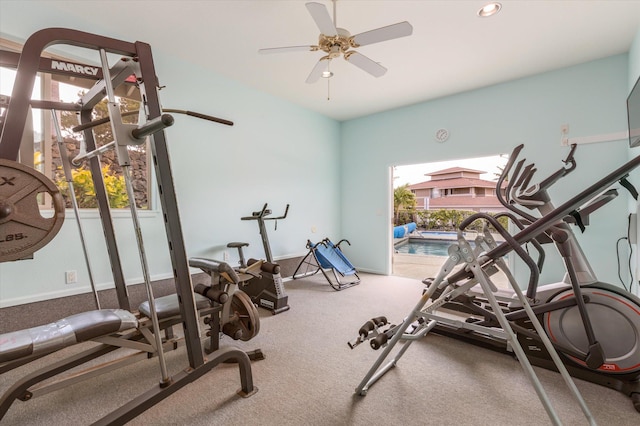 exercise room featuring ceiling fan