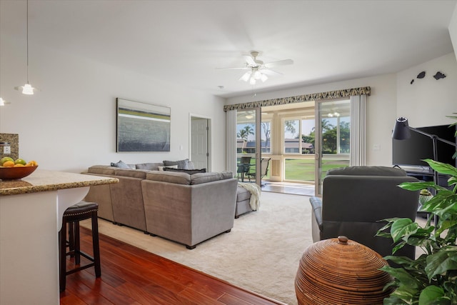 living room featuring ceiling fan and dark hardwood / wood-style floors