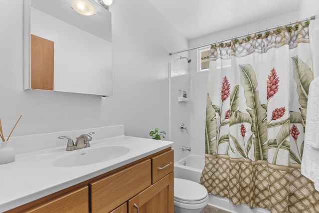 full bathroom featuring toilet, shower / bath combination with curtain, and vanity