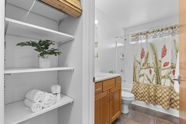 full bathroom with toilet, vanity, and shower / bath combination with curtain