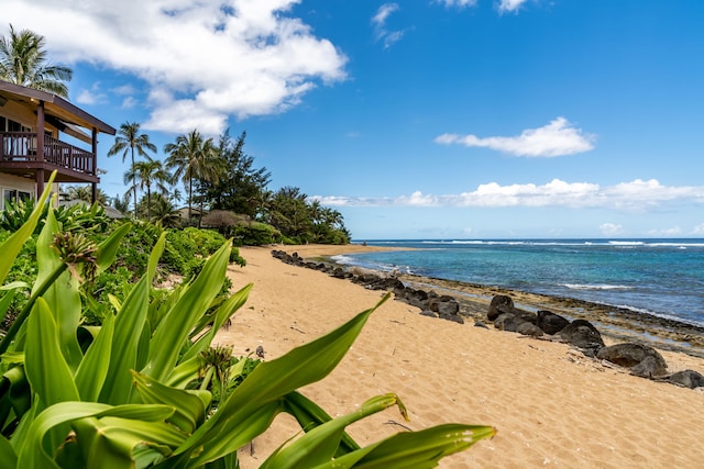 view of water feature with a beach view