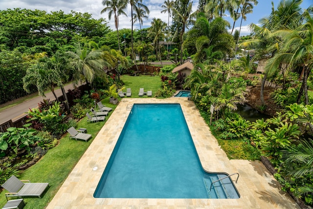 view of pool featuring a yard and a patio