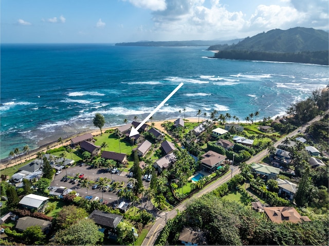 birds eye view of property featuring a water and mountain view