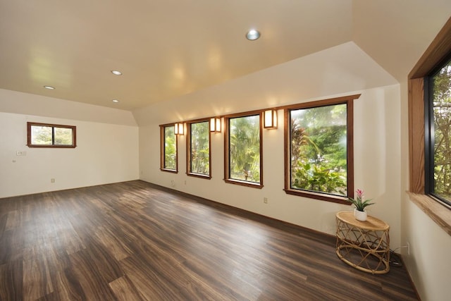 spare room featuring lofted ceiling and dark hardwood / wood-style flooring