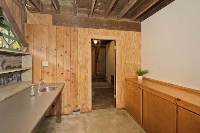 interior space with sink and wood walls