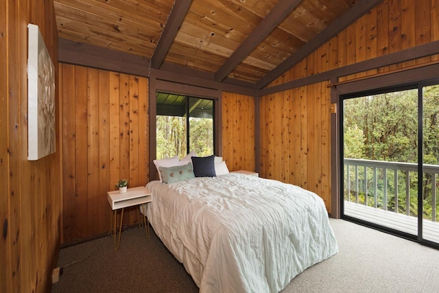 carpeted bedroom with lofted ceiling with beams, access to exterior, wood ceiling, and wood walls