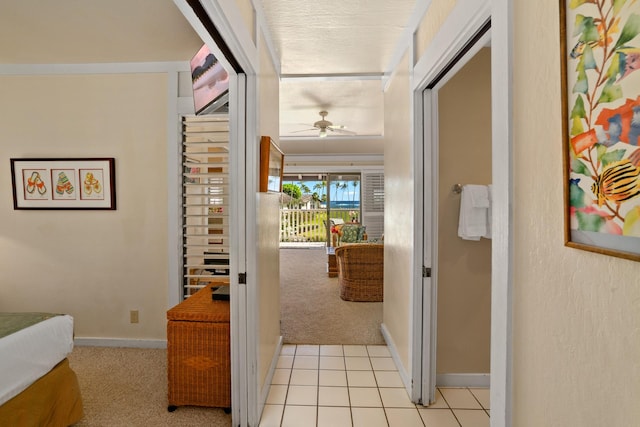 hallway featuring light carpet