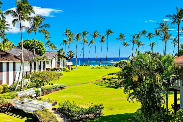 view of community featuring a water view and a yard