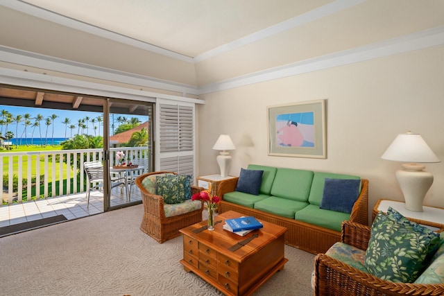 living room featuring carpet floors and crown molding